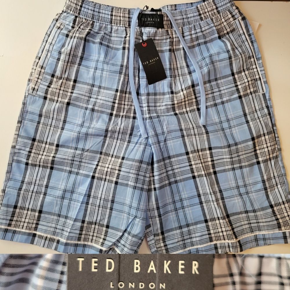 NEW TED BAKER LONDON BLUE PLAID COTTON SHORTS w/ pockets L LARGE NWT